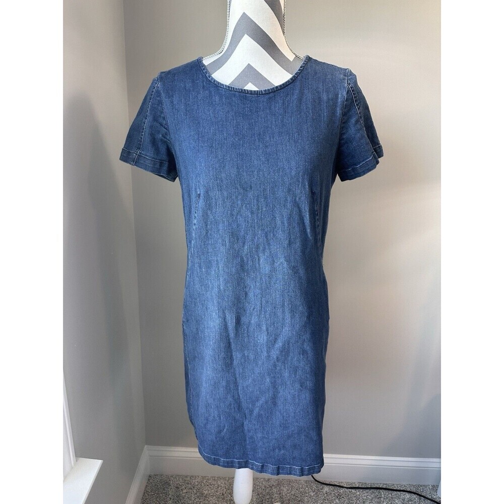 Boden Denim Shift Dress Short Sleeve Pocket Exposed Back Zip Medium Wash 6R